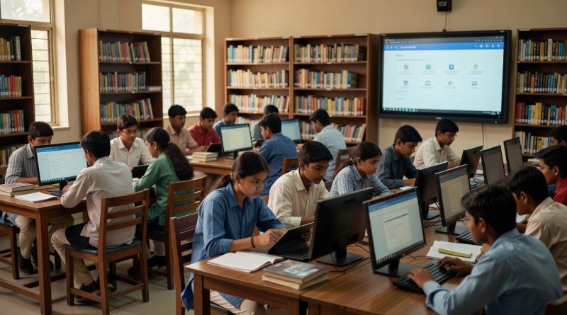 डिजिटल लाइब्रेरी में पढ़ते विद्यार्थियों का संपादकीय दृश्य