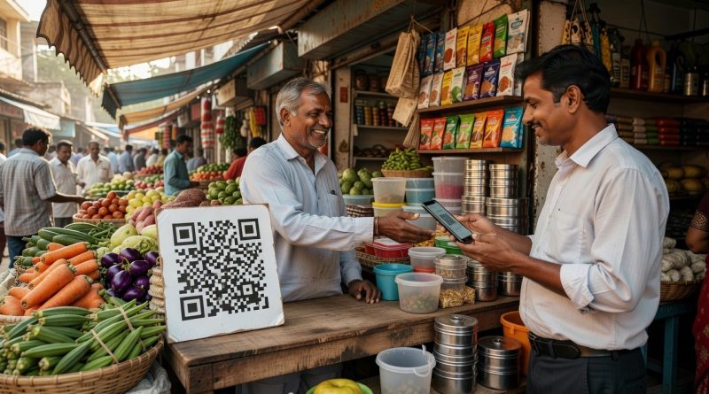 स्थानीय बाजार में डिजिटल भुगतान का संपादकीय दृश्य