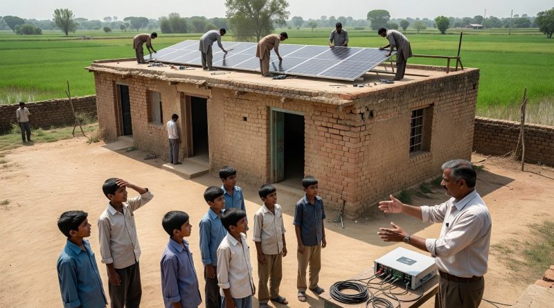 ग्रामीण स्कूल में सौर ऊर्जा अभियान का संपादकीय दृश्य